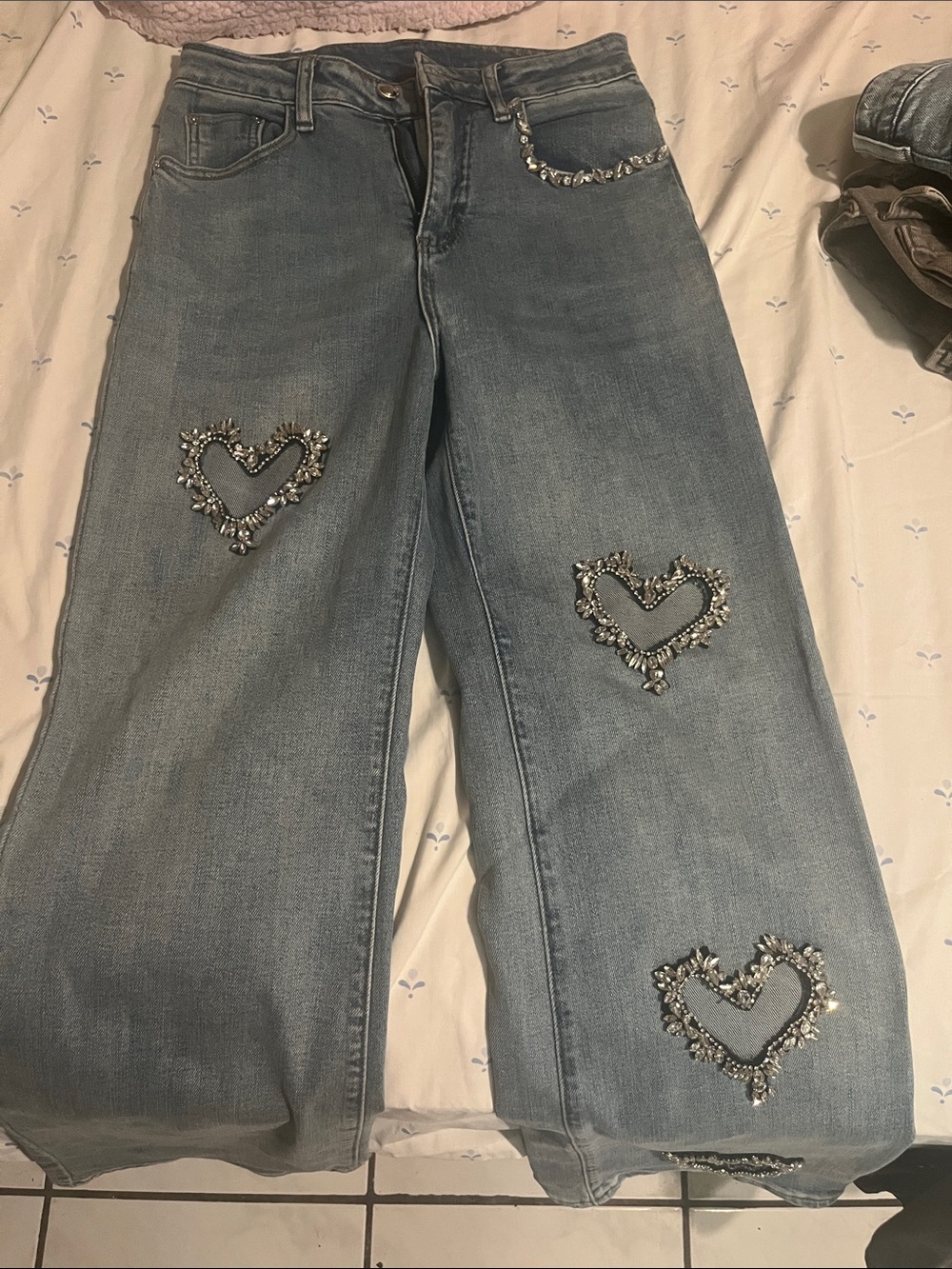 Crystal Heart Embellished Wide-Leg Jeans - Light Blue